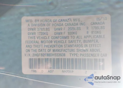 2013 Honda Civic Ex from USA, damaged, VIN 2HGFB2F88DH553608